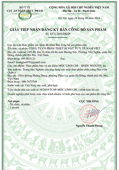 giấy đăng ký sản phẩm mộc linh chi