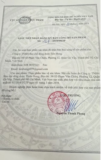 giấy công bố sản phẩm hải cẩu hoàn